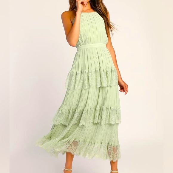 Lulus Came For Cocktails Sage Green Pleated Tiered Lace Maxi Dress - Picture 1 of 3